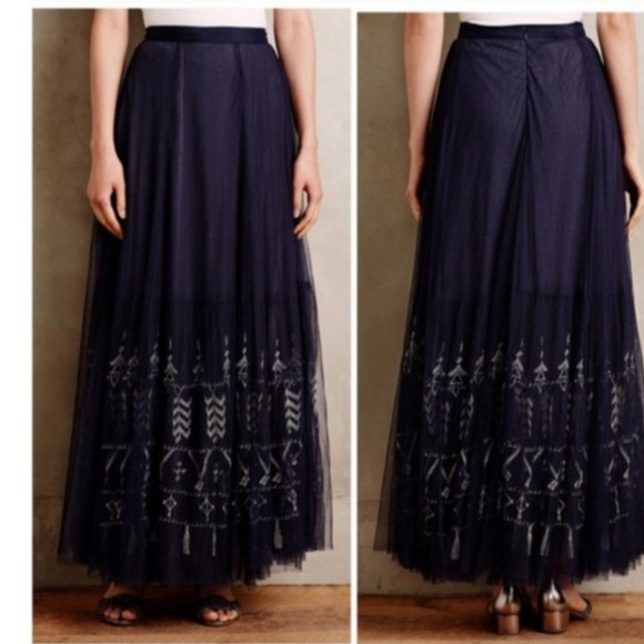 Anthropologie Dresses & Skirts - Anthropologie‎ Floreat Embroidered Tulle Maxi Skirt in Navy Blue Size 8
